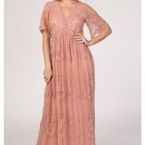 PinkBlush - Light Pink Lace Mesh Overlay Maxi Dress